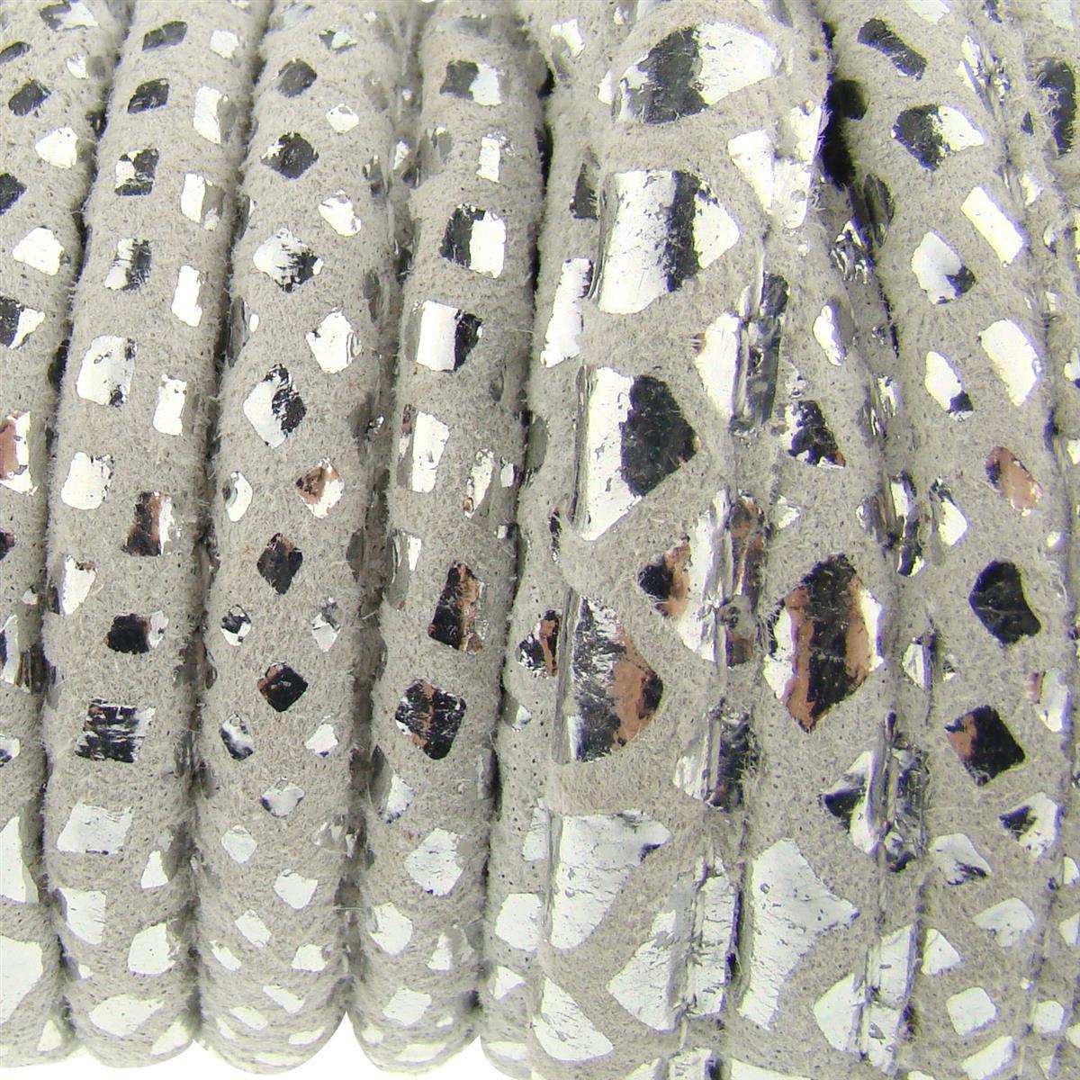 Lederschnur Oval gesäumt | Dicke:  4 mm - Muster Weiß-Silber. Länge: 1 m