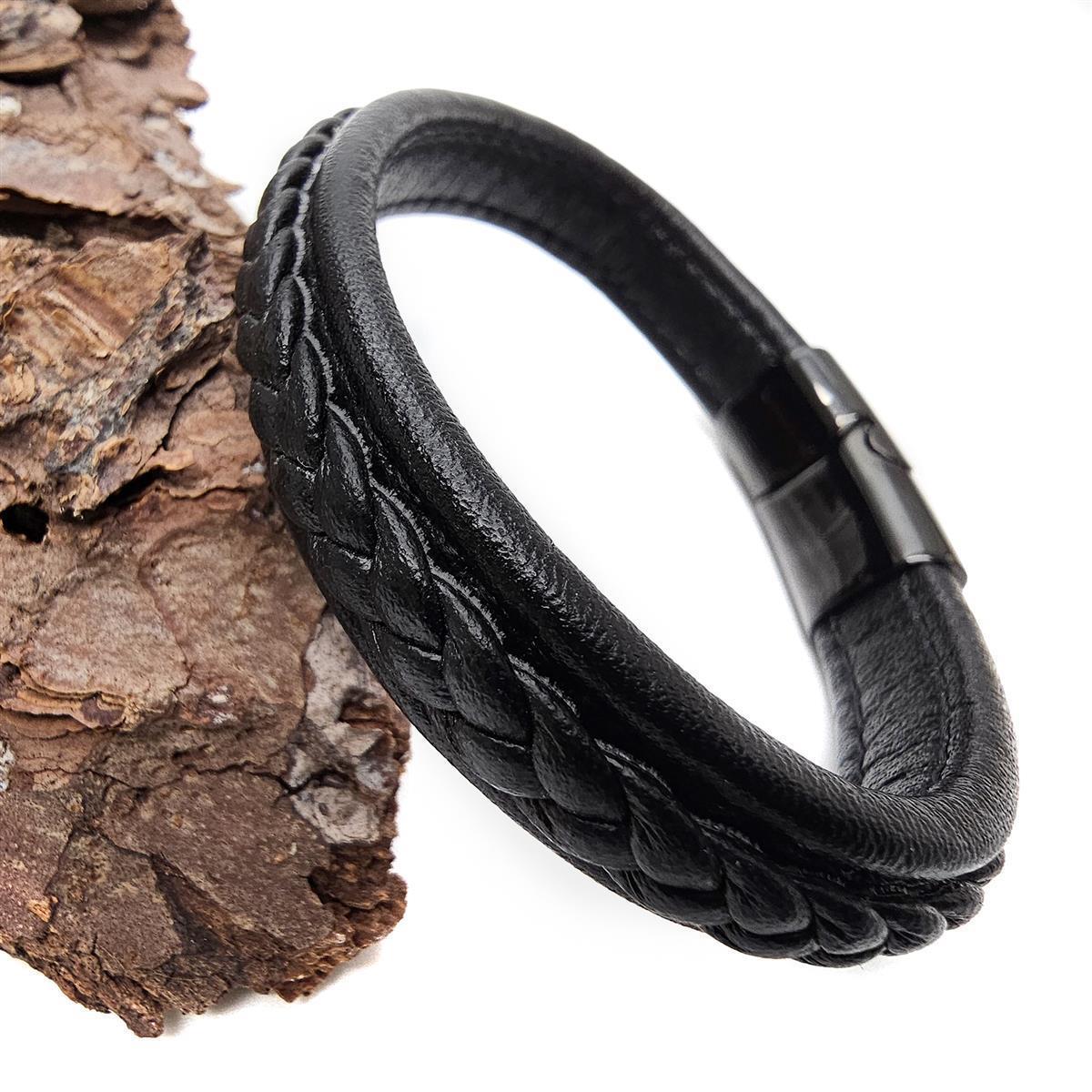 Lederarmband flach mit geflochtener Lederschnur - 12 mm - Schwarz. Größe: 19 cm (S)