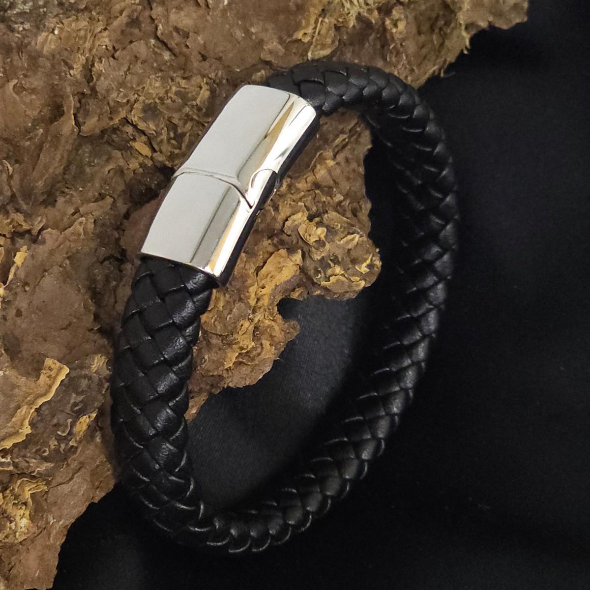 Geflochtenes Lederarmband flach - 12 mm Breite - Schwarz. Größe: 19 cm (S)