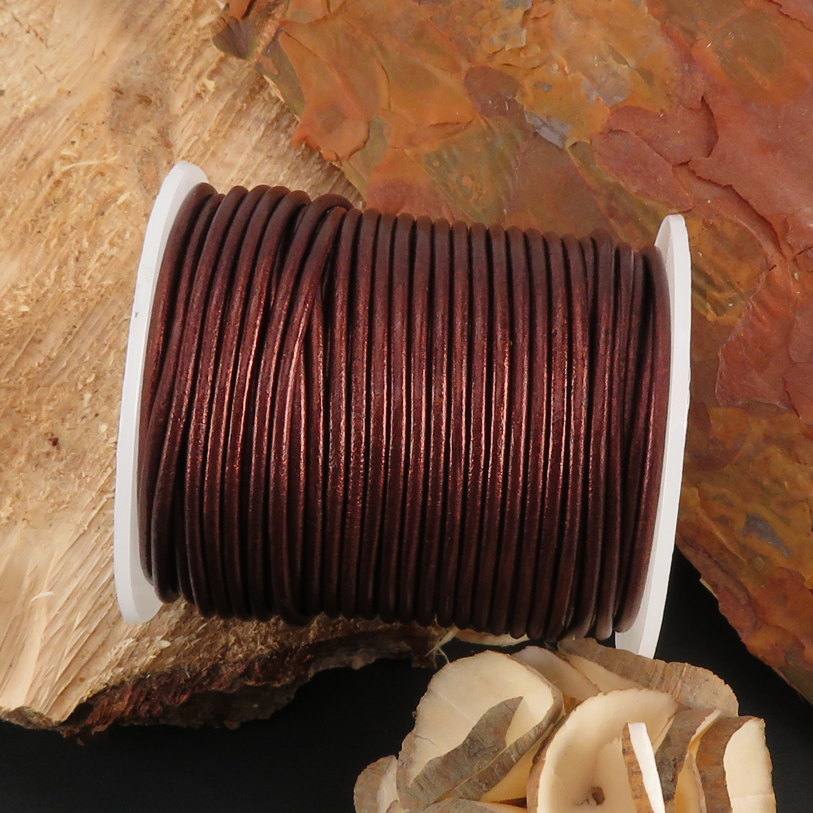 Lederschnur Rund 2 mm - 25m/Rolle - Bicolor Kastanie Metallic