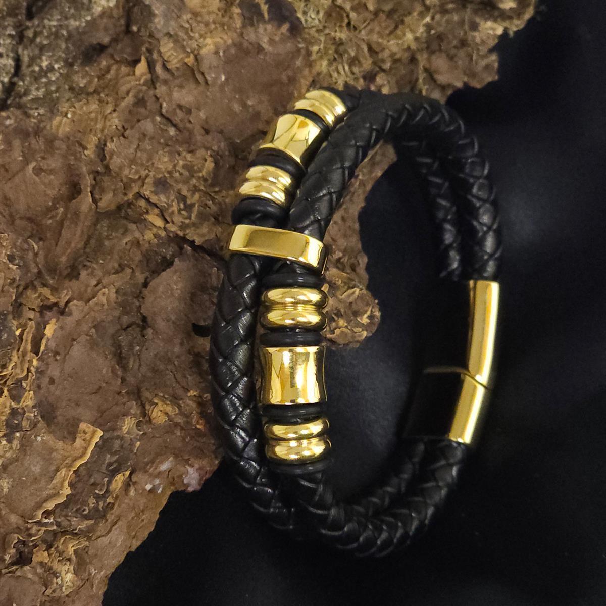 Geflochtenes Lederarmband - 2 Lederbänder - Gold Details - Schwarz. Größe: 21 cm (L)