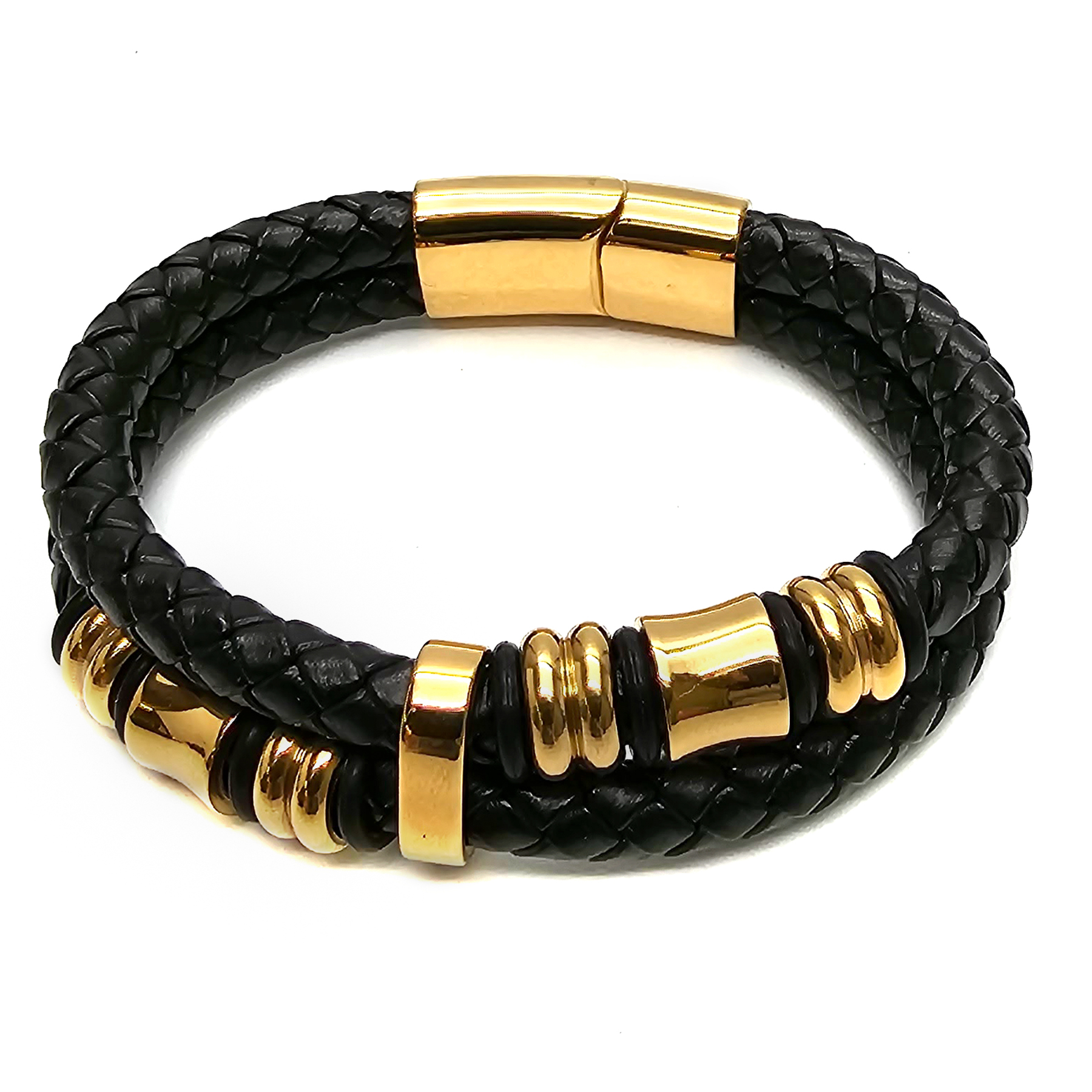 Geflochtenes Lederarmband - 2 Lederbänder - Gold Details - Schwarz. Größe: 22 cm (XL)