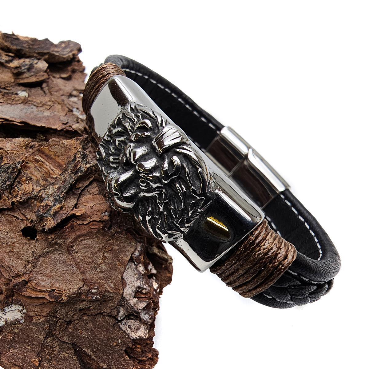 Lederarmband flach mit Löwenkopf und geflochtener Lederschnur - 12 mm - Schwarz. Größe: 19 cm (S)