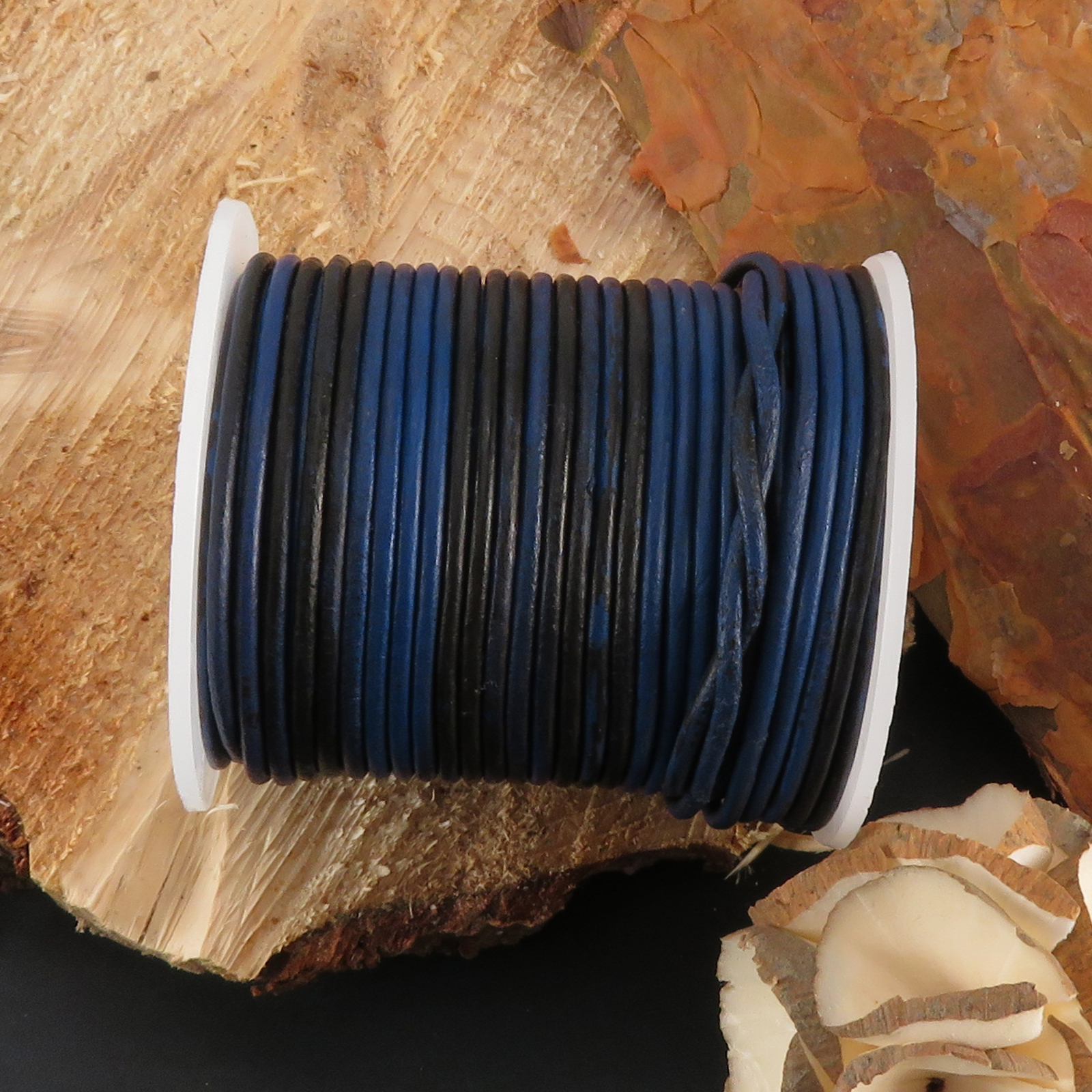Lederschnur Rund 2 mm - Bicolor Blau/Schwarz. Länge: 25 m auf Rolle