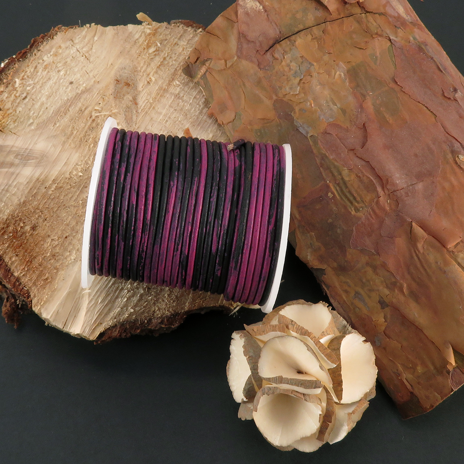 Lederschnur Rund 2 mm - Bicolor Pink/Schwarz. Länge: 25 m auf Rolle