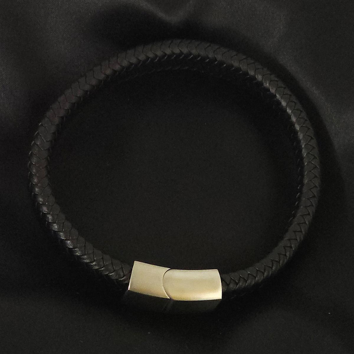 Geflochtenes Lederarmband flach fein - 12 mm Breite - Schwarz. Größe: 21 cm (L)