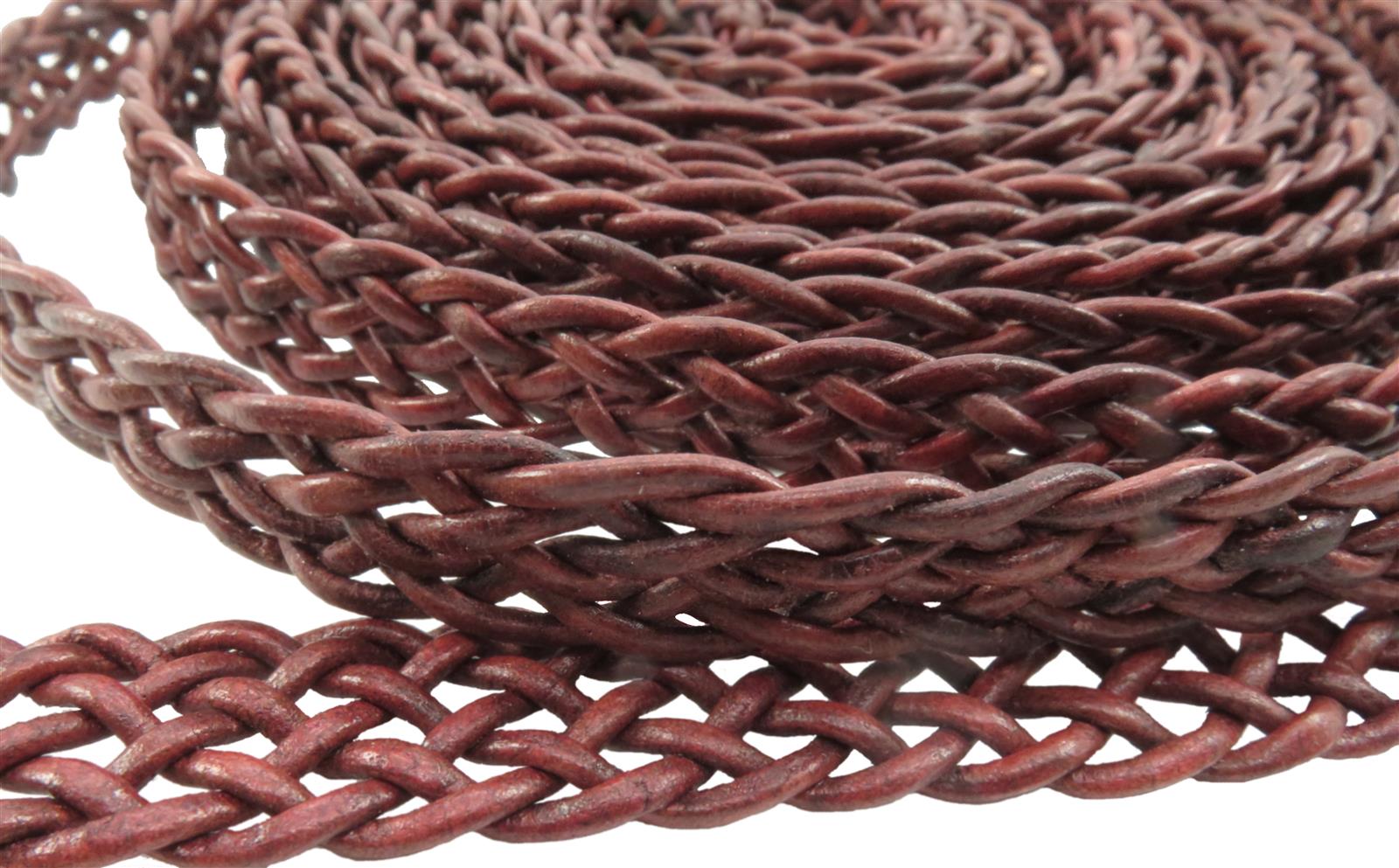Lederband geflochten Flach 15 mm, Dicke: ca. 2,5 mm, Länge: 1 m. Antik Rotbraun