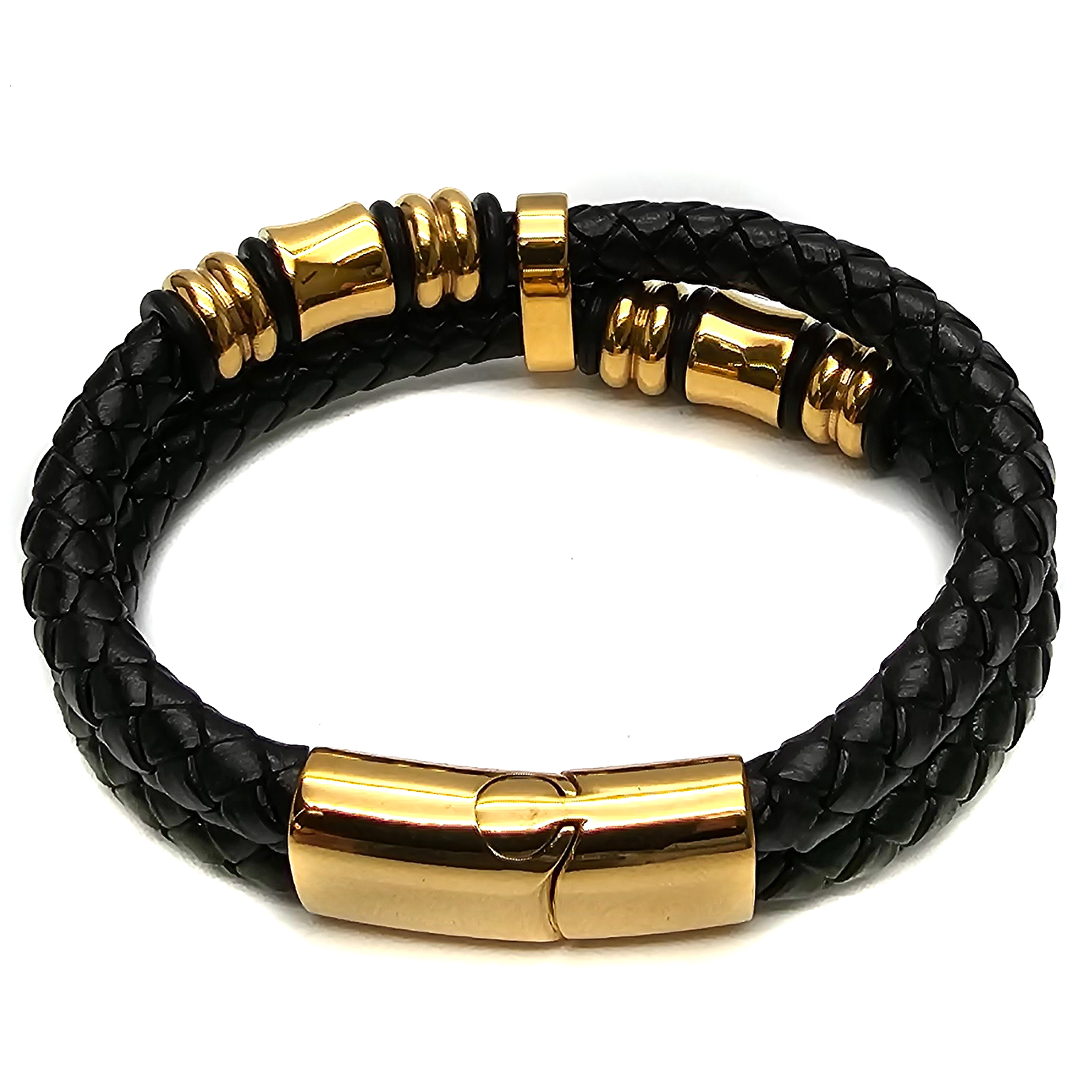 Geflochtenes Lederarmband - 2 Lederbänder - Gold Details - Schwarz. Größe: 21 cm (L)