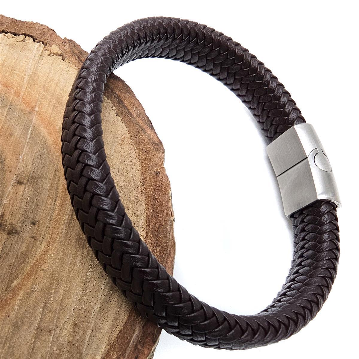 Braunes Lederarmband in Fischgrät Optik geflochten mit mattem Magnetverschluss