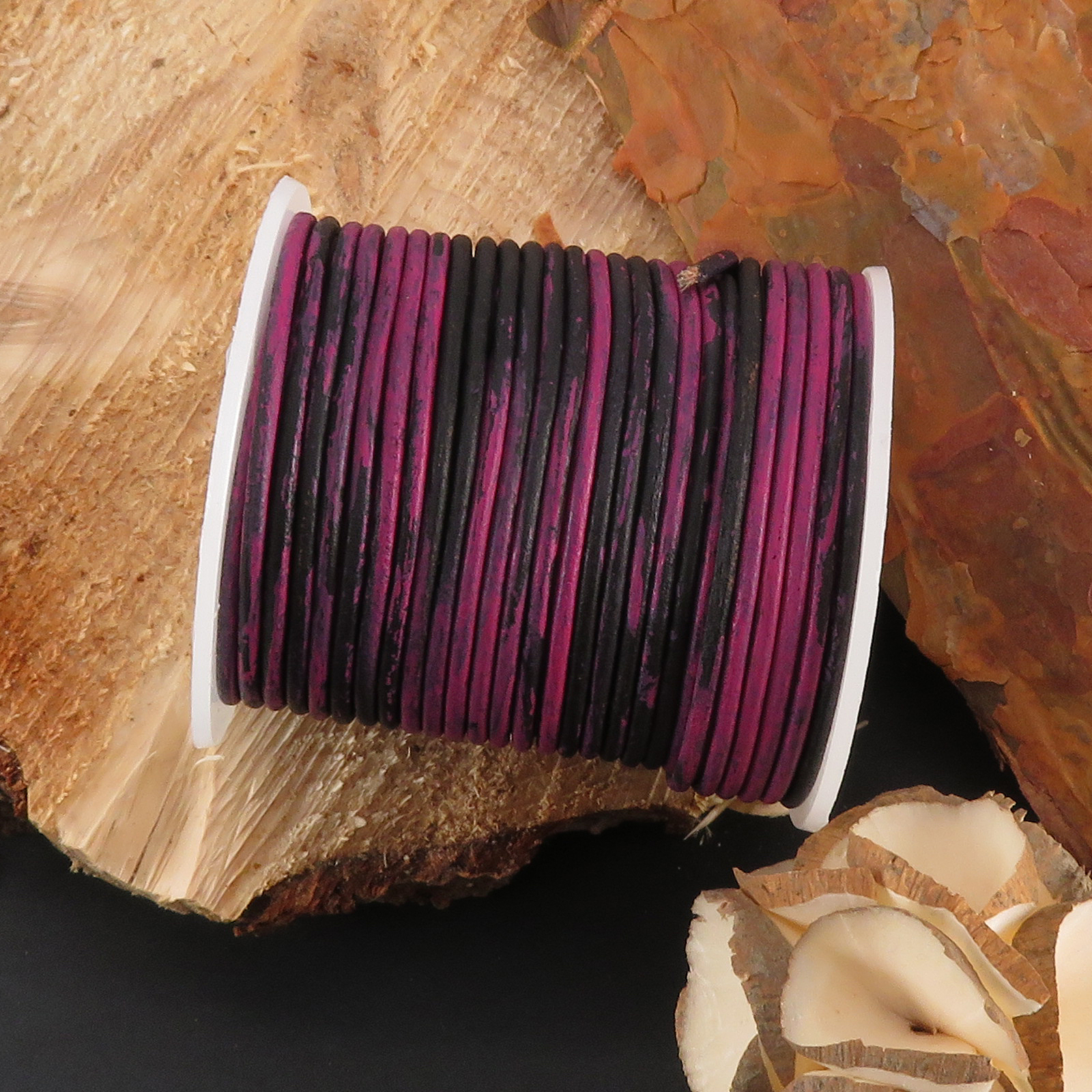 Lederschnur Rund 2 mm - Bicolor Pink/Schwarz. Länge: 25 m auf Rolle