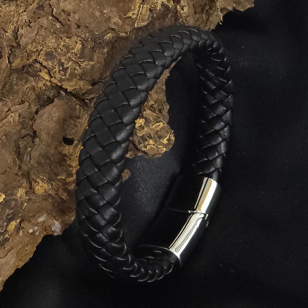 Geflochtenes Lederarmband flach - 12 mm Breite - Schwarz. Größe: 19 cm (S)
