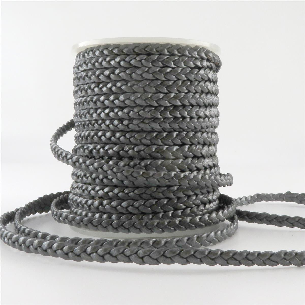 Lederschnur geflochten Flach 5 mm - Grau Metallic. Länge: 3 m