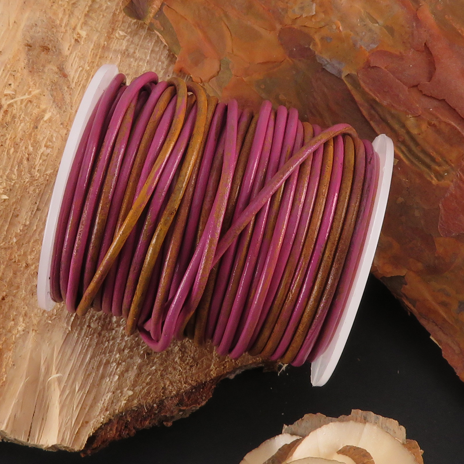 Lederschnur Rund 2 mm - Bicolor Pink/Natur. Länge: 25 m auf Rolle