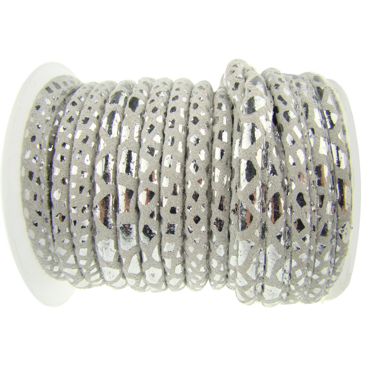 Lederschnur Oval gesäumt | Dicke:  4 mm - Muster Weiß-Silber. Länge: 1 m