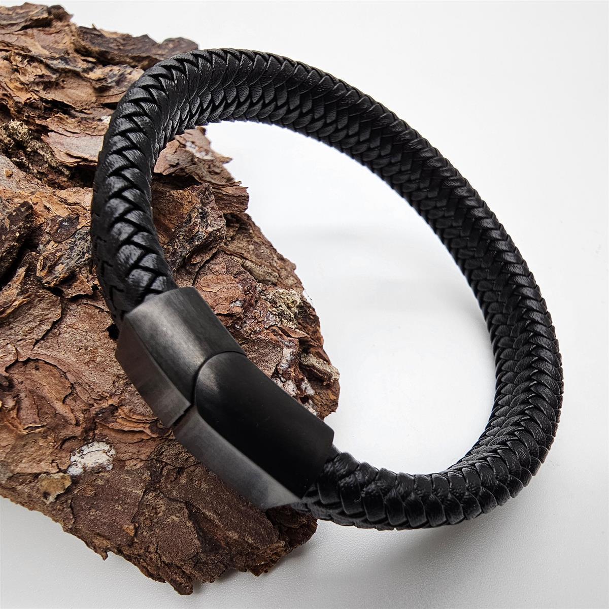 Geflochtenes Lederarmband flach fein - 12 mm Breite -  Schwarz - matt schwarzer Verschluss