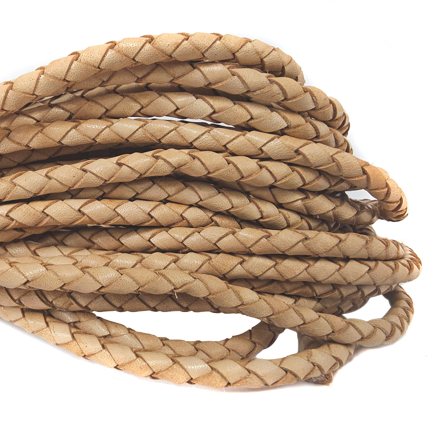 Geflochtene Lederschnur, Boloband mit einem Durchmesser von 5 mm in Natur. Vegetabil gegerbtes Lederband mit Baumwollkern