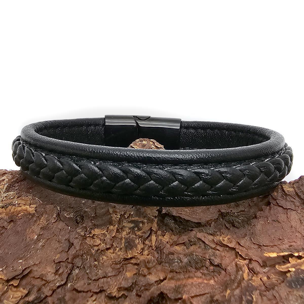 Lederarmband flach mit geflochtener Lederschnur - 12 mm - Schwarz. Größe: 19 cm (S)