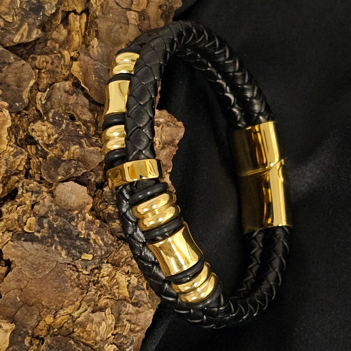 Geflochtenes Lederarmband - 2 Lederbänder - Gold Details - Schwarz. Größe: 21 cm (L)