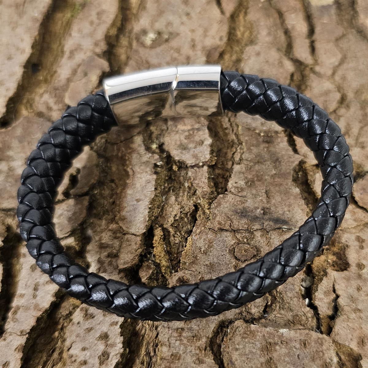 Geflochtenes Lederarmband flach - 12 mm Breite - Schwarz. Größe: 19 cm (S)