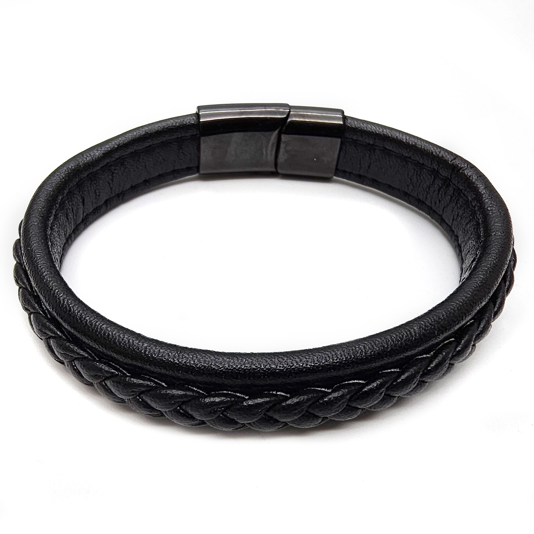 Lederarmband flach mit geflochtener Lederschnur - 12 mm - Schwarz. Größe: 19 cm (S)