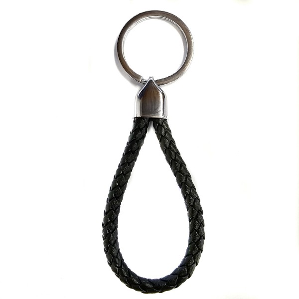 Schlüsselanhänger aus Leder in Schwarz geflochten mit Edelstahlring